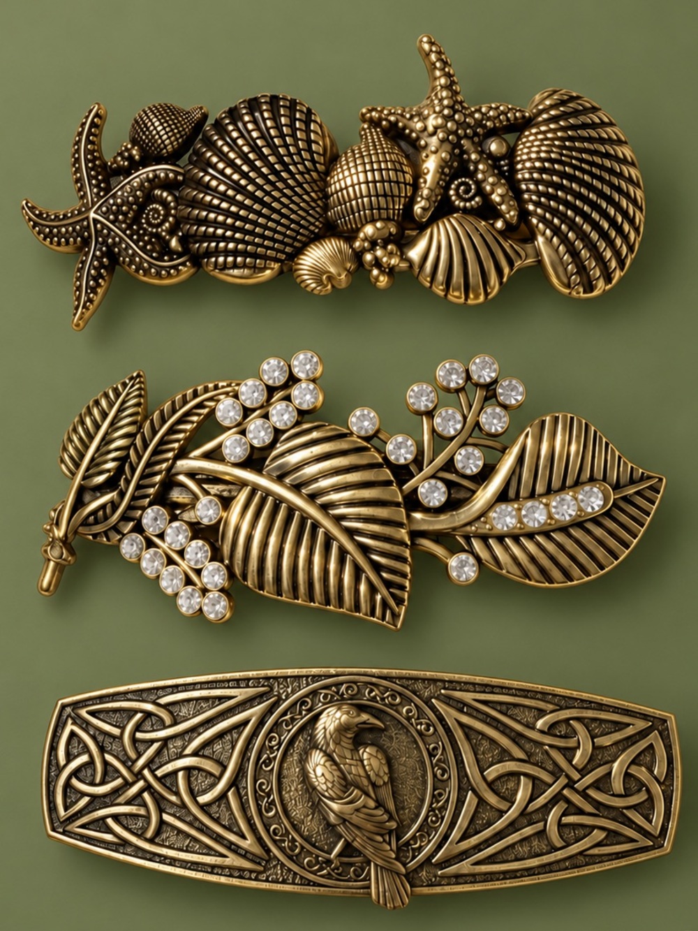 Antique Brass Gold Leaf Shell Celtic Hair Barrette Set
